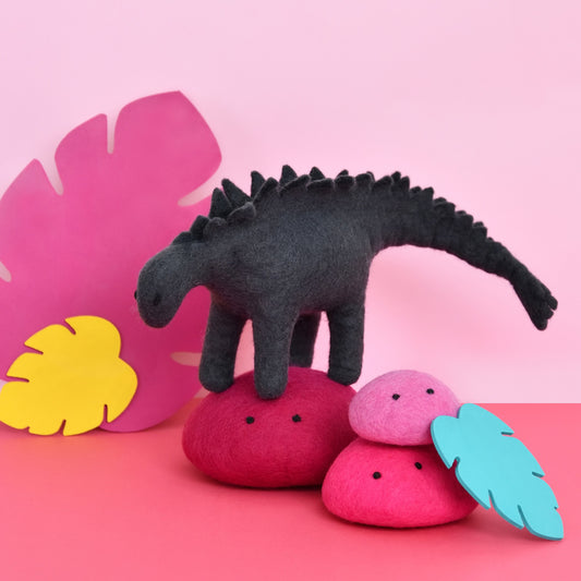 Sleepy Stegosaurus | Large Charcoal Grey Felt Dinosaur Toy